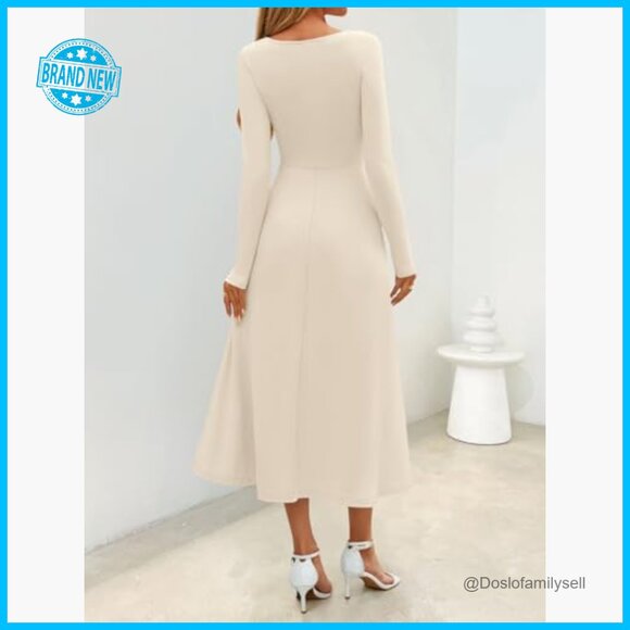 Elegant Square Neck Midi Dress Long Sleeve High Waist Flowy Cocktail Party - Picture 4 of 7